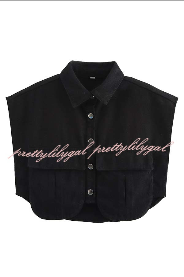 Stylish Weekend Denim Button Up Cape Sleeve Pocket Crop Top