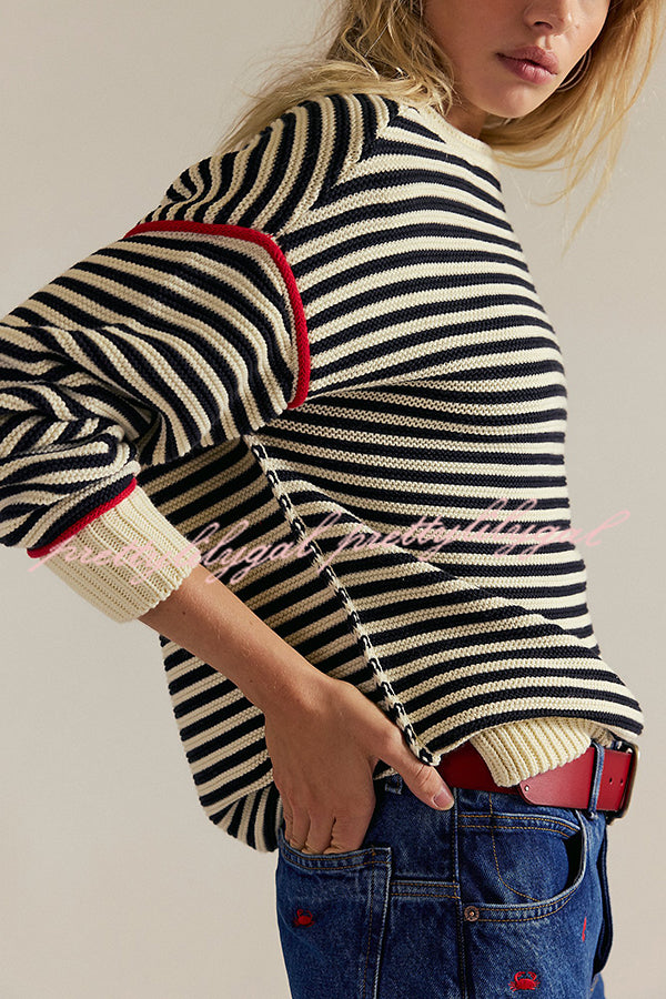 Fashion Striped Colorblock Loose Round Neck Long-sleeved Knitted Sweater