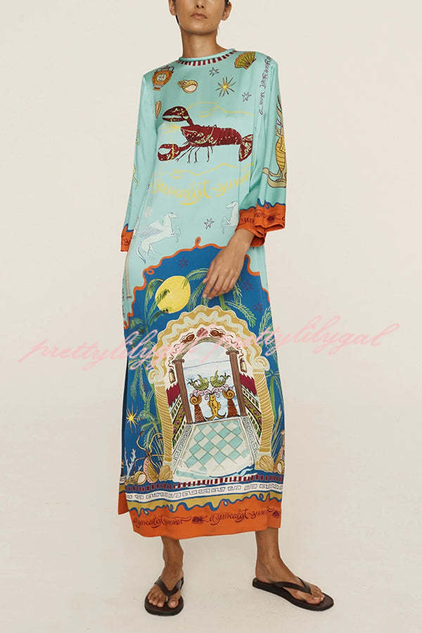 Satin Unique Print Long-sleeve Tie-waist Slit Maxi Dress
