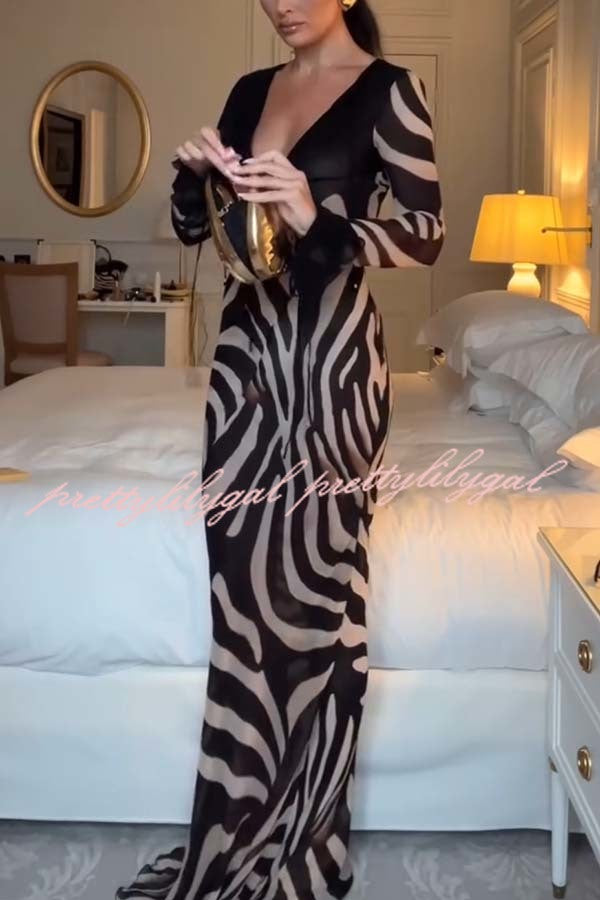 City Night Chiffon Colorblock Animal Print Tie-up Long Sleeve Maxi Dress