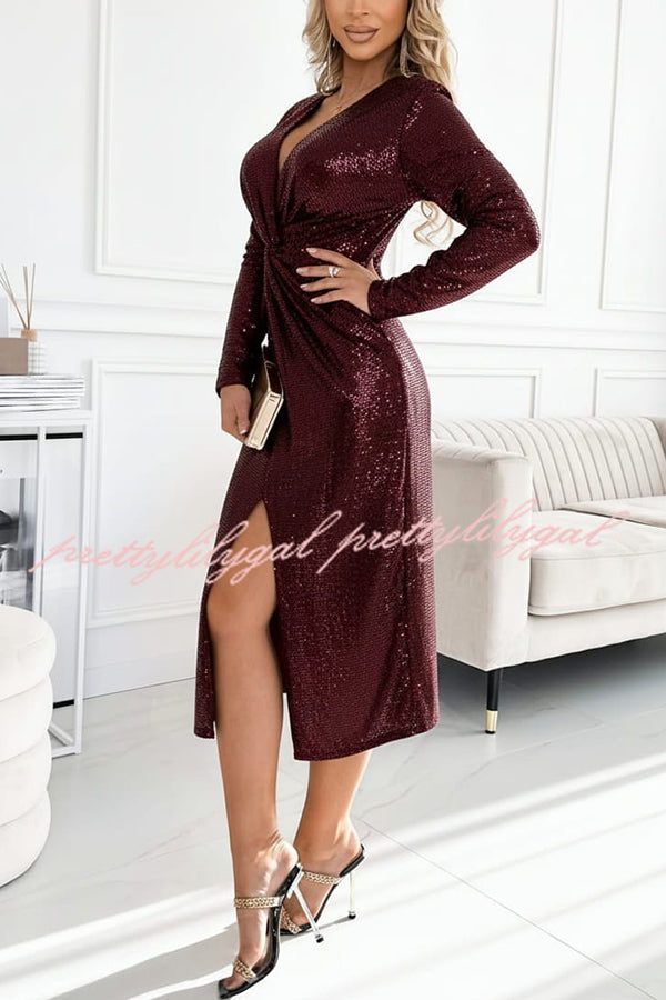 Coralia Sequin V-neck Long Sleeve Twist Waist Front Slit Midi Dress