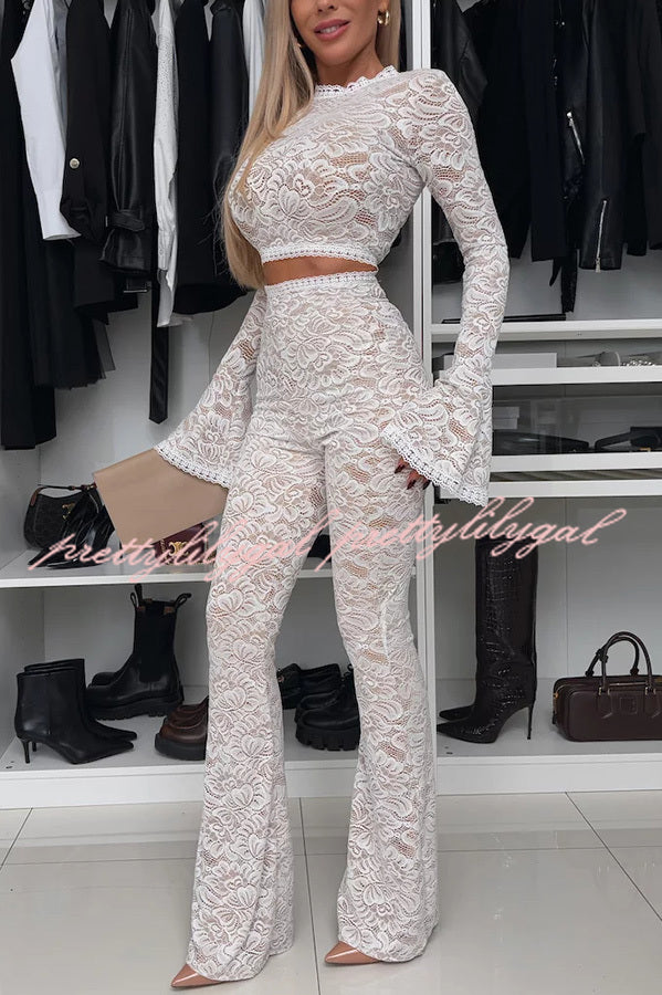 Sexy Charming Lace Bell Sleeve Crop Stretch Top and High Waist Stretch Flared Pants