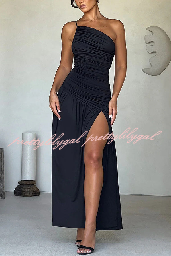 Sexy One-shoulder Strap Gathered Slim Fit Slit Maxi Dress