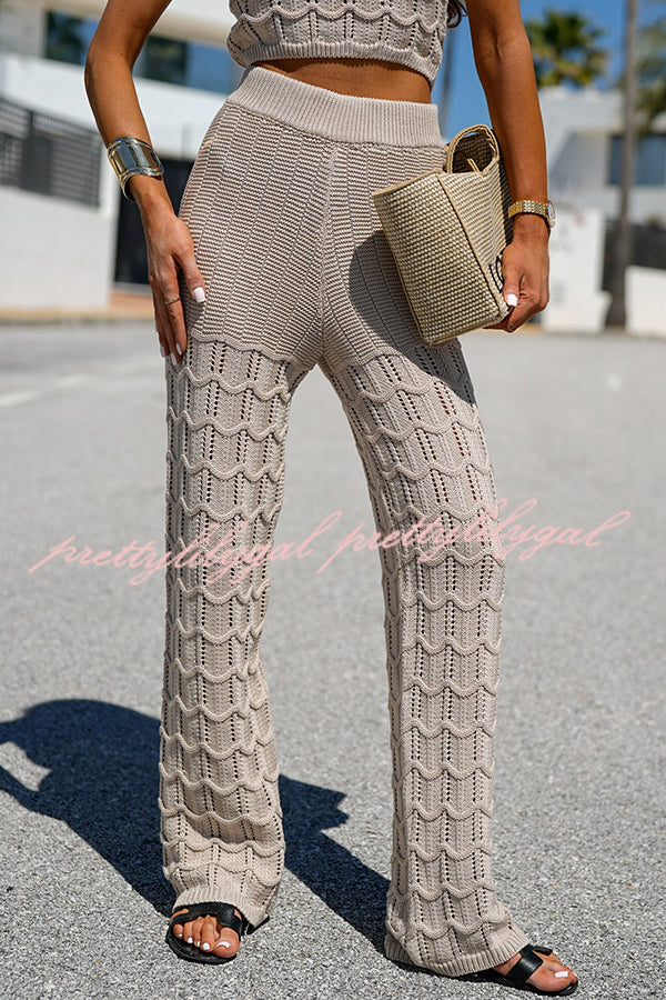 Solid Color Hollow Sleeveless Round Neck Knitted Vest and Stretch Casual Straight Pants Set