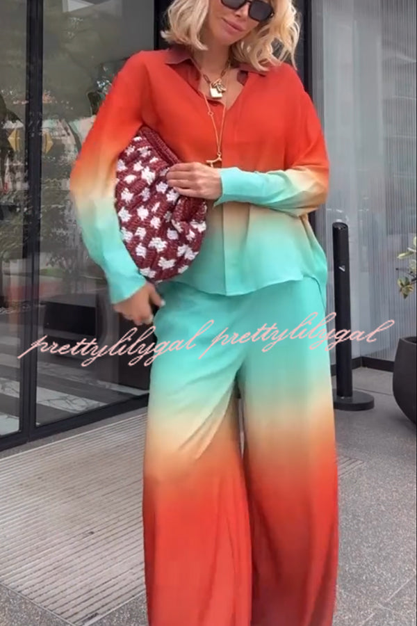 Neon Sunset Gradient Print Long Sleeve High Low Hem Blouse and Elastic Waist Loose Pants Set