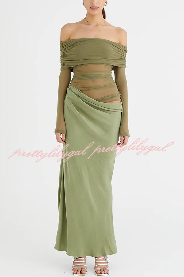 Exquisite Sexy Mesh Patchwork Off Shoulder Cutout Ruched Maxi Dress