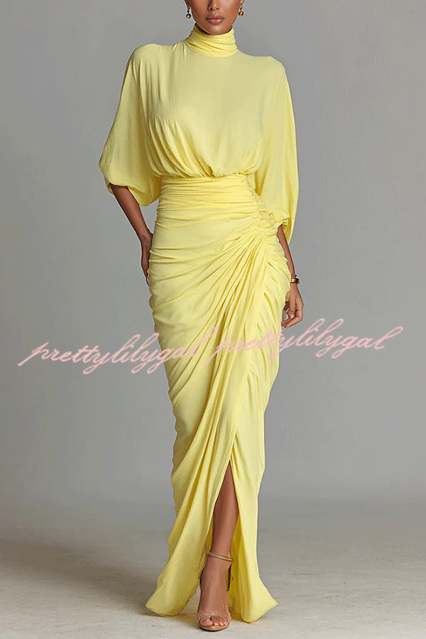 Fashionable High-neck Half-sleeve Waist-cinching Pleated Maxi Dress
