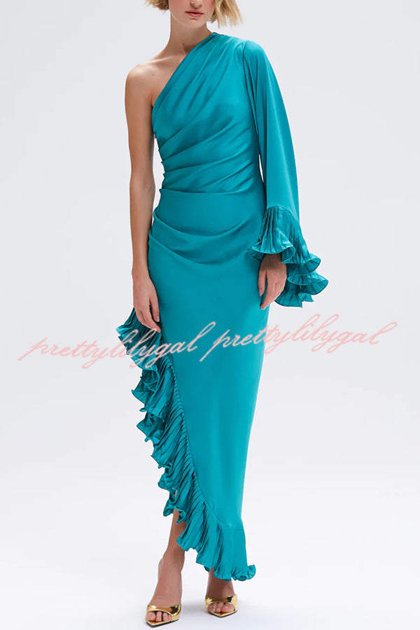 Elegant Satin One Shoulder Sleeve Pleated Ruffles Trim Ruched Asymmetrical Maxi Dress