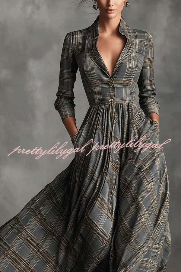 Plaid Print Long Sleeve Slim Fit Casual Pocket Maxi Dress