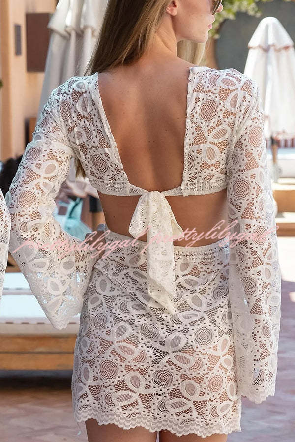 Santorini Sunset Floral Lace Long Sleeve Backless Tie-up Vacation Mini Dress