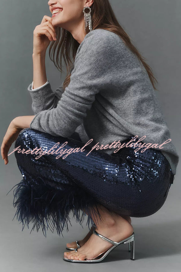 New Year Eve Sequin Feather Trim High Rise Back Zipper Flare Pants