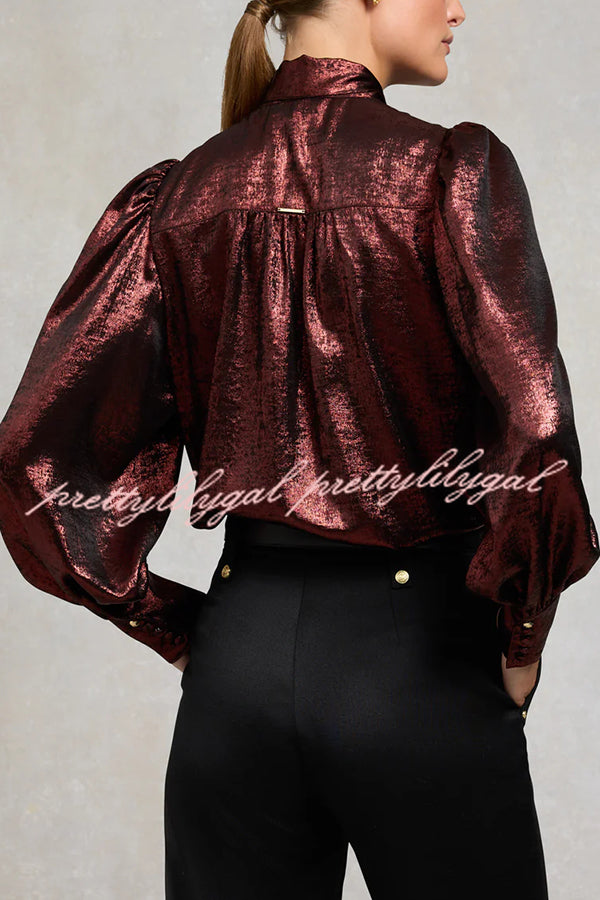 Ariella Metallic Satin Fabric Tie-up Bow Neck Long Sleeve Blouse
