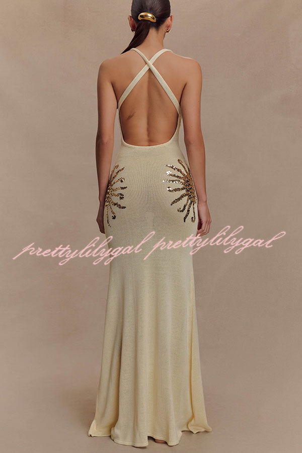 Sparkling Nights Knit Sunburst Sequin Detail Back Cross Straps Stretch Maxi Dress