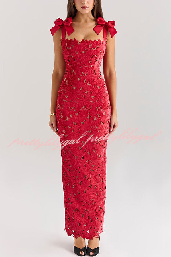 Holiday Intimacy Embroidered Floral Lace Bow Shoulder Straps Slit Maxi Dress