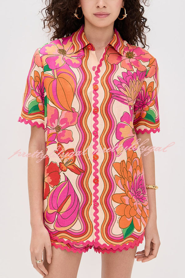 Neima Unique Print Wave Trim Button Up Short Sleeve Shirt and Elastic Waist Pocket Loose Shorts Set