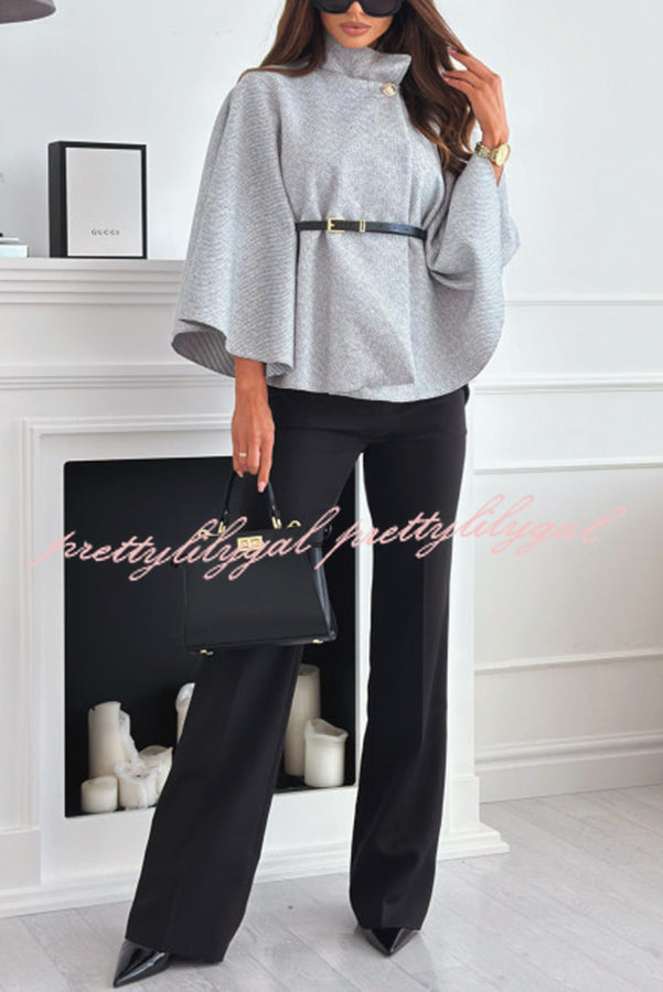 Elegant Moment Woolen Button Turtleneck Belted Oversized Cape