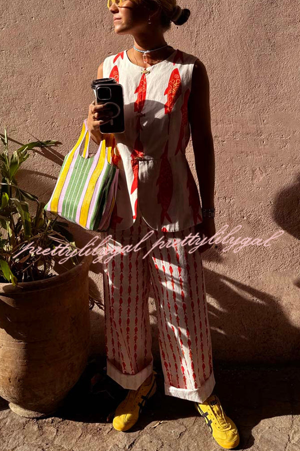 Good Luck Linen Blend Koi Pattern High Rise Elastic Waist Loose Pants