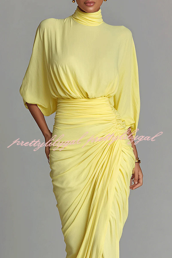 Fashionable High-neck Half-sleeve Waist-cinching Pleated Maxi Dress