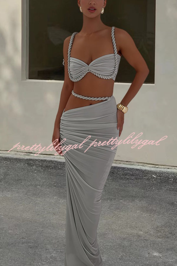 Sexy Halter Back Braided Suspender Top and Beach Holiday Style Hip-wrapped Maxi Skirt Set
