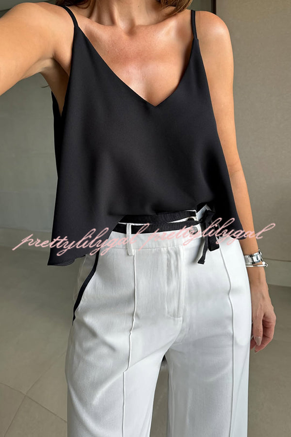 Full of Chic Colorblock Trim Lace-up Waist Pocketed Wide Leg Pants