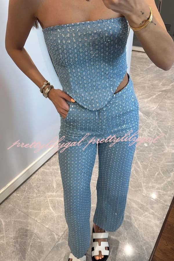 Fashionable Look Denim Sequin Textured Tube Top
