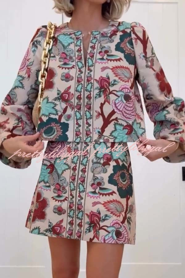 Autumn Garden Printed V-neck Long Bell Sleeve Top and Mid Rise Skirt Set