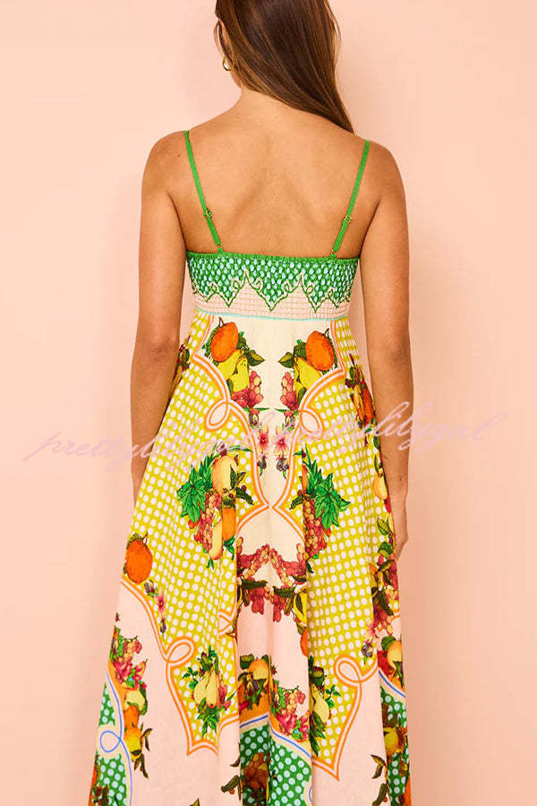 Enjoy Summer Lemon Linen Blend Unique Print Smocked Back Pocket Maxi Dress