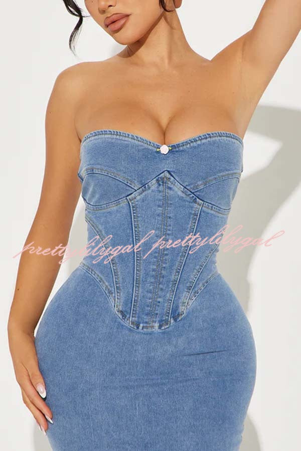Cutie Denim Rosette Detail Corset Off Shoulder Stretch Maxi Dress
