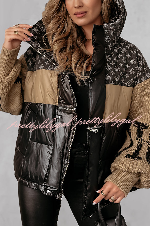 Stylish Denim Knit Long-sleeved Patchwork Hooded Pocket Thickened Jacket