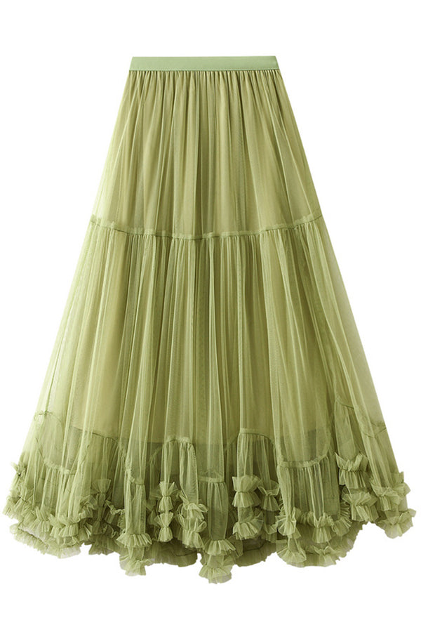 Elegant Tulle Stretch Waist Paneled Pleated Maxi Skirt