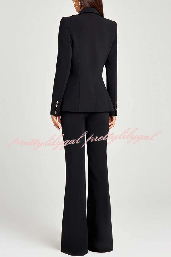 Women Power Metal Cross Snap Button Long Sleeve Lapel Blazer