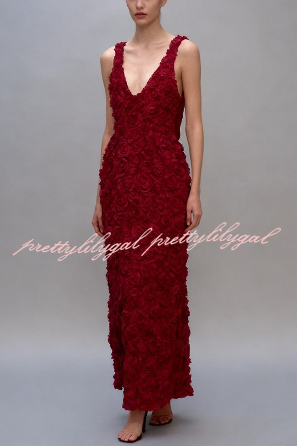 Three-dimensional Flower Sexy V-neck Slim Maxi Dress