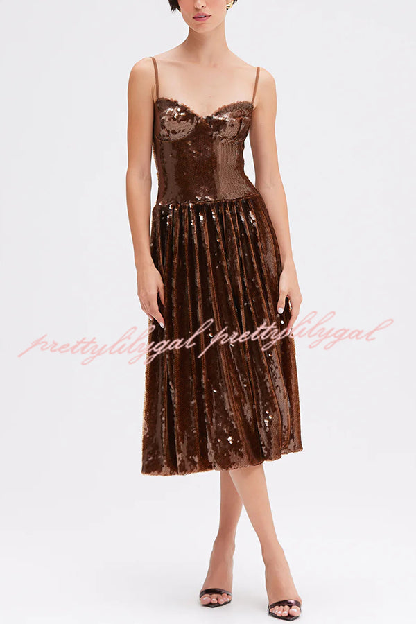 Enchanted Night Sequin Low-cut Corset Balloon Hem Slip Midi Dress