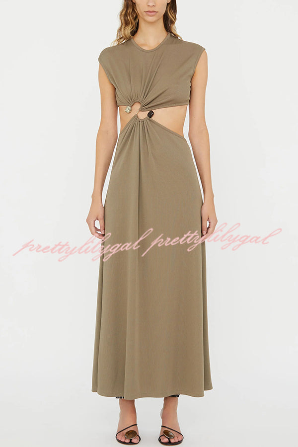 Eye-catching Ribbed Knit S-buckle Hardware Cutout Waist Maxi Dress