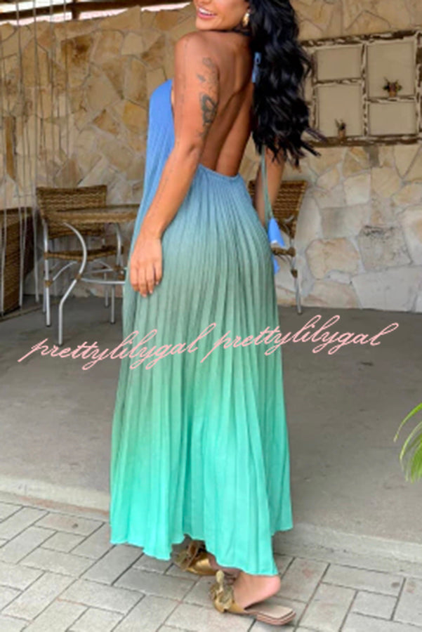 Sea goddess Gradient Print Pleated Halter Backless A-line Maxi Dress