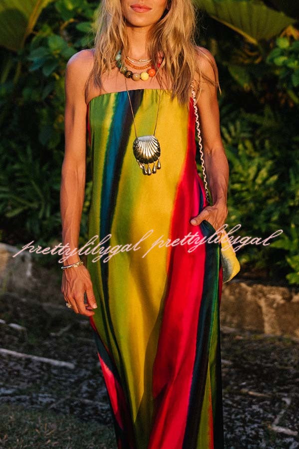 Artistic Rainbow Satin Watercolor Print Off Shoulder Pocketed H-line Maxi Dress