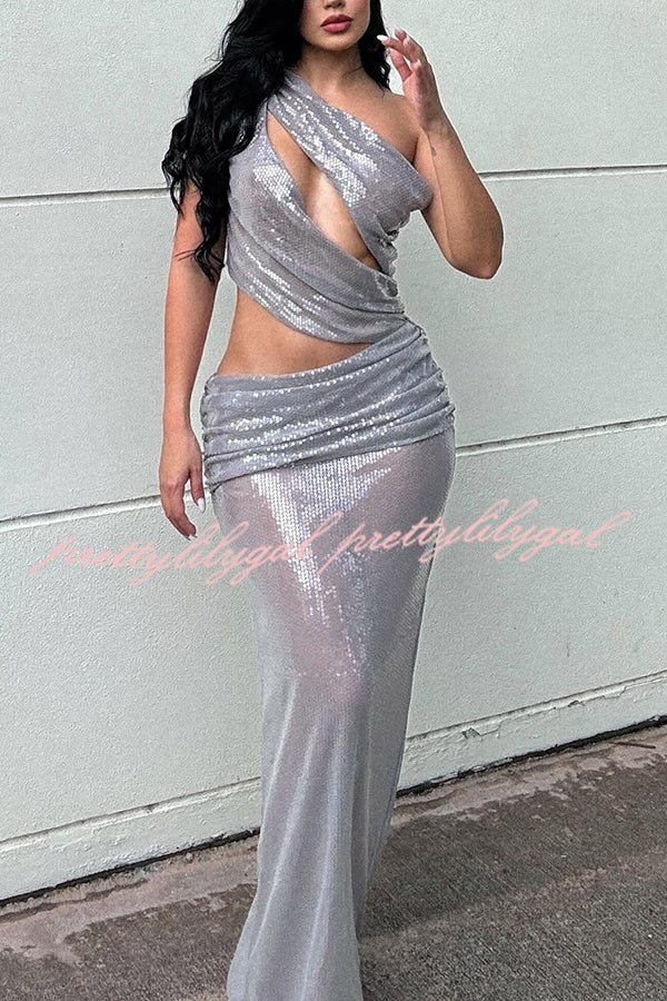 Only Yours Sequin One Shoulder Cutout Asymmetrical Plunge Stretch Maxi Dress