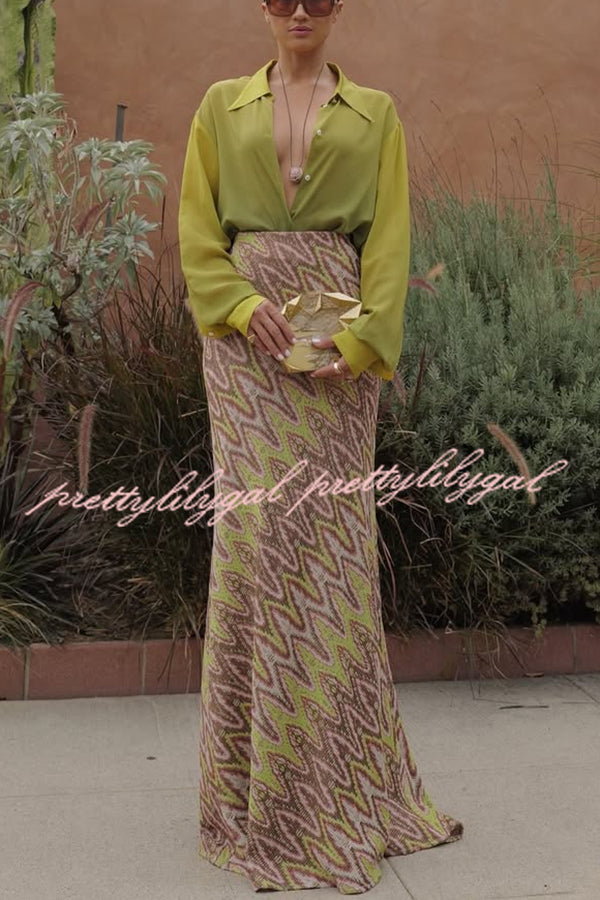 Moonlit Waltz Gradient Print Button Up Long Sleeve Loose Blouse