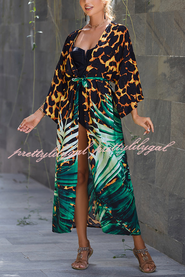 Unique Print Loose Lace Up Holiday Maxi Cover Up