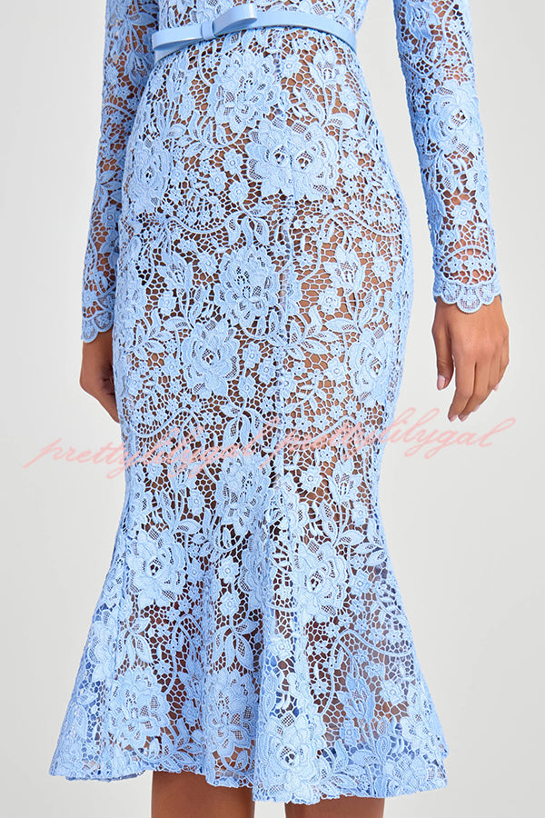 Feminine and Elegant Flower Lace Long Sleeve Bow Belted Flare Midi Dress