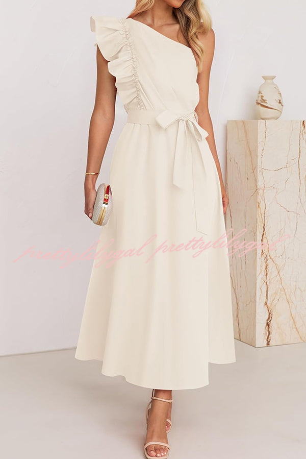 Solid One Shoulder Ruffled Sleeves Tie Waist Maxi Dress