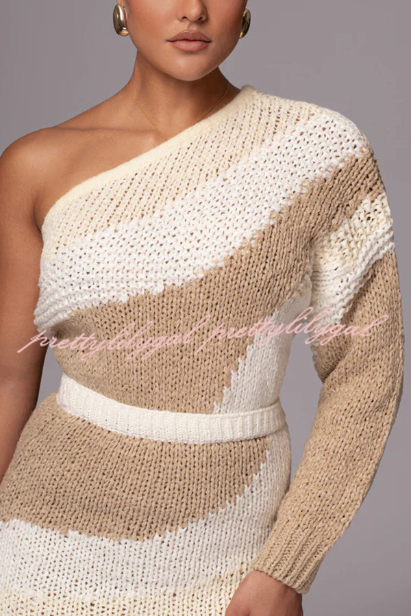 Soft Autumn Knit Colorblock One Shoulder Sleeve Ribbed Trim Loose Sweater