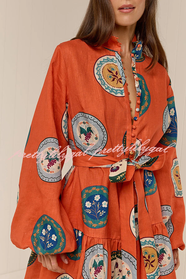 Linen Blend Unique Print Tie Waist Loose Mini Dress