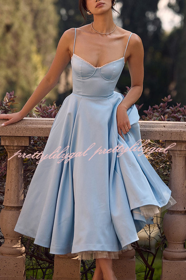 Fairytale Vibe Satin Patchwork Tulle Sweetheart Neck Pocket Stretch Midi Dress