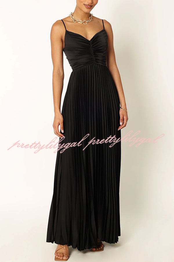 Catch The Light Satin Pleated V-neck Slip Maxi Dress