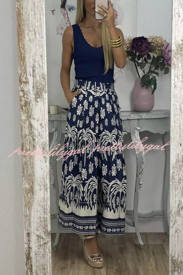 Unique Print Elastic Waist Loose Pocket Holiday Wide Leg Pants