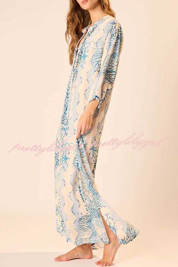 Quiet Sea Unique Print Pleated Neck Long Sleeve Slit Kaftan Maxi Dress