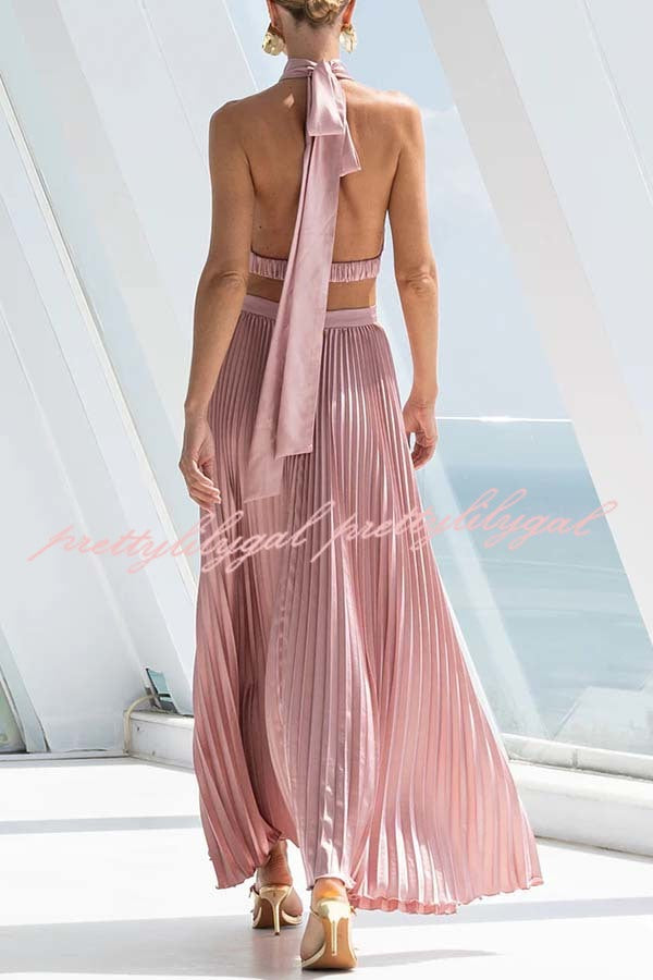 Stunning Choice Satin Pleated Halter High Neck Cutout Waist Backless Maxi Dress