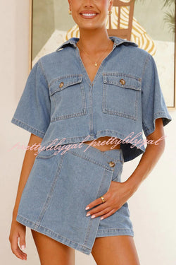 Summer V-neck Short-sleeved Loose Top and Irregular Pocket Jeans Skirt Set