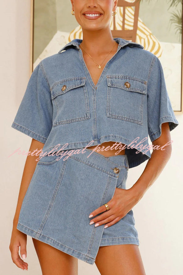 Summer V-neck Short-sleeved Loose Top and Irregular Pocket Jeans Skirt Set